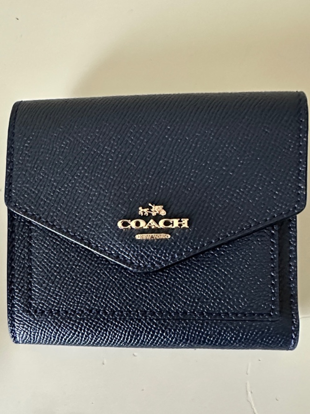 Coach Navy Saffiano Leather Trifold Wallet with Gold Logo
